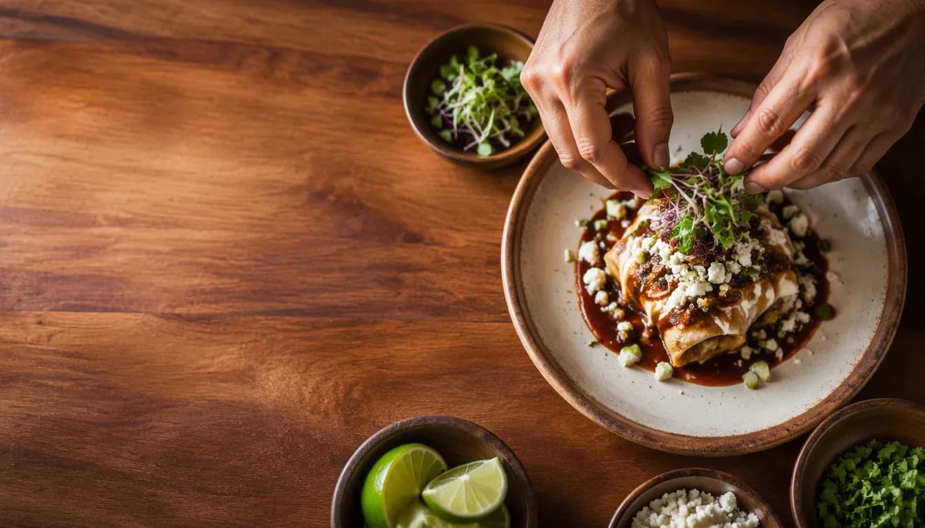 Platillo gourmet emplatado con presentación cuidadosa en un restaurante