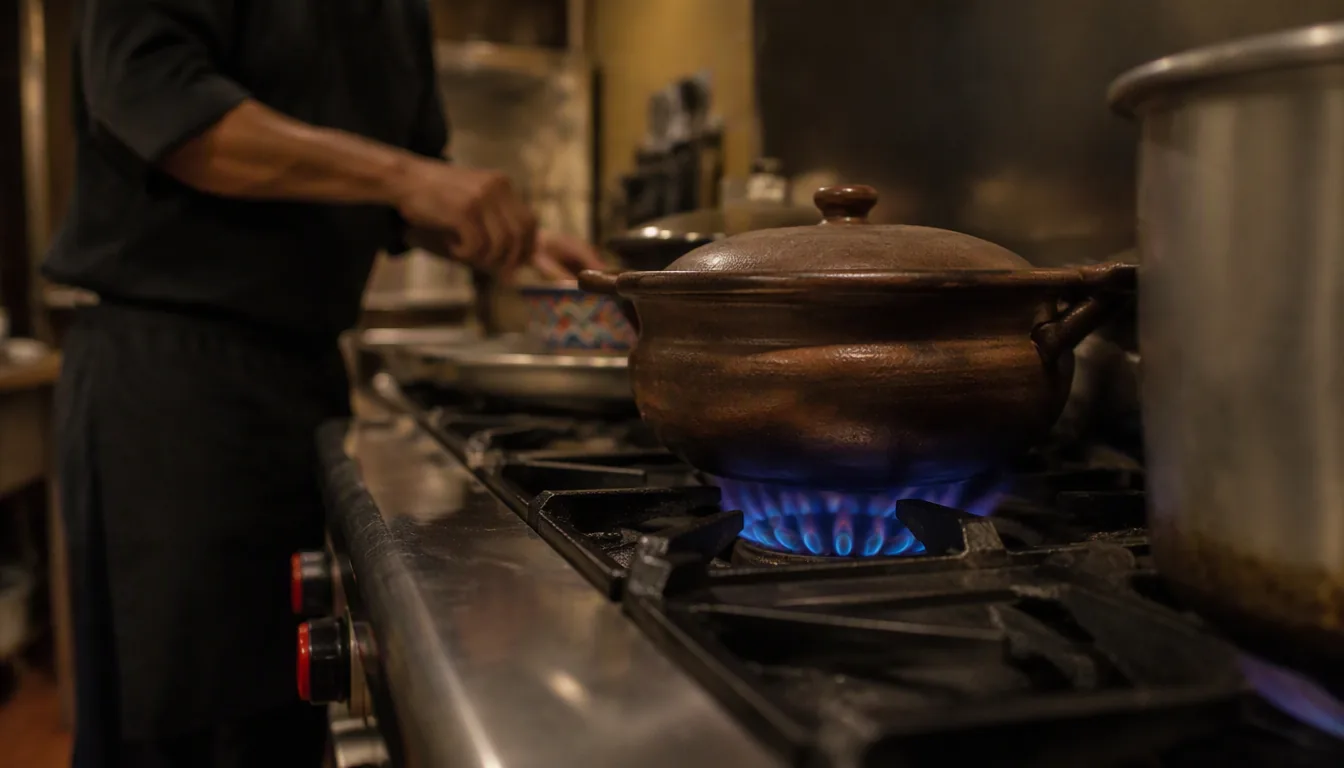 Cocinero revisando la flama azul de una estufa industrial en la cocina de un restaurante
