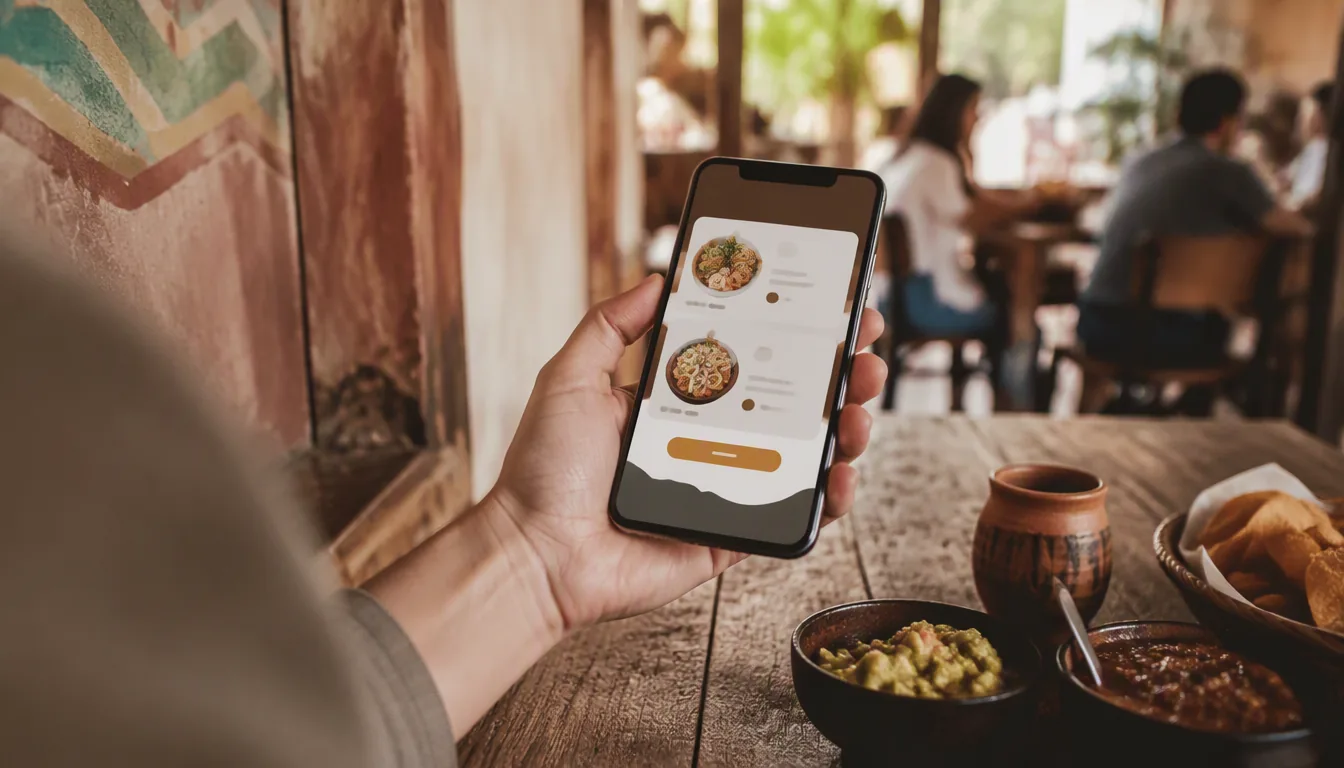 Dueño de restaurante revisando en su celular una propuesta de aplicación propia con costos