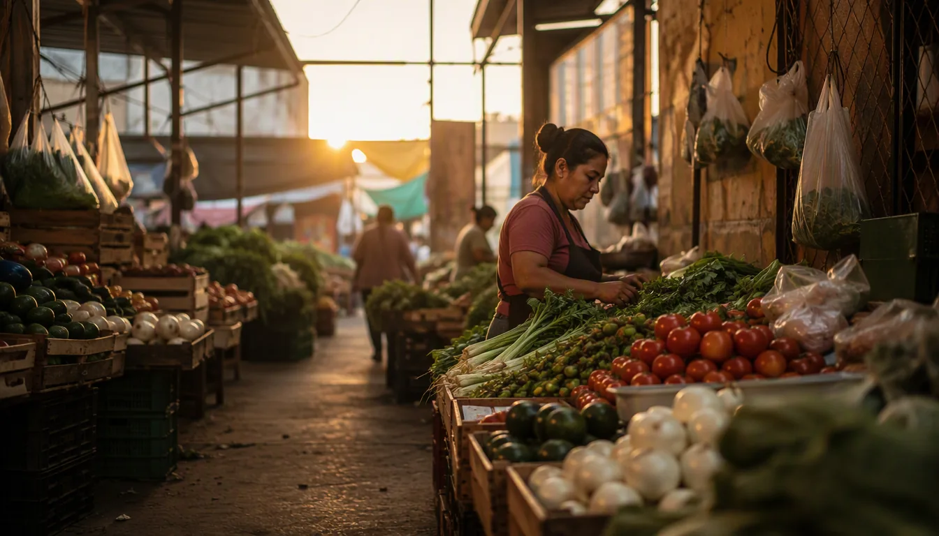 Pasillo de frutas y verduras en una central de abastos al amanecer
