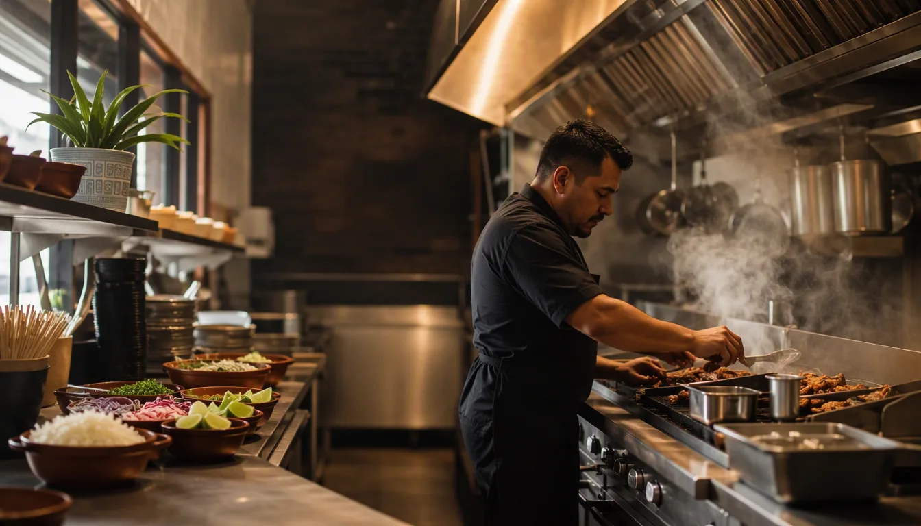 Cocina profesional en plena actividad con ollas y sartenes