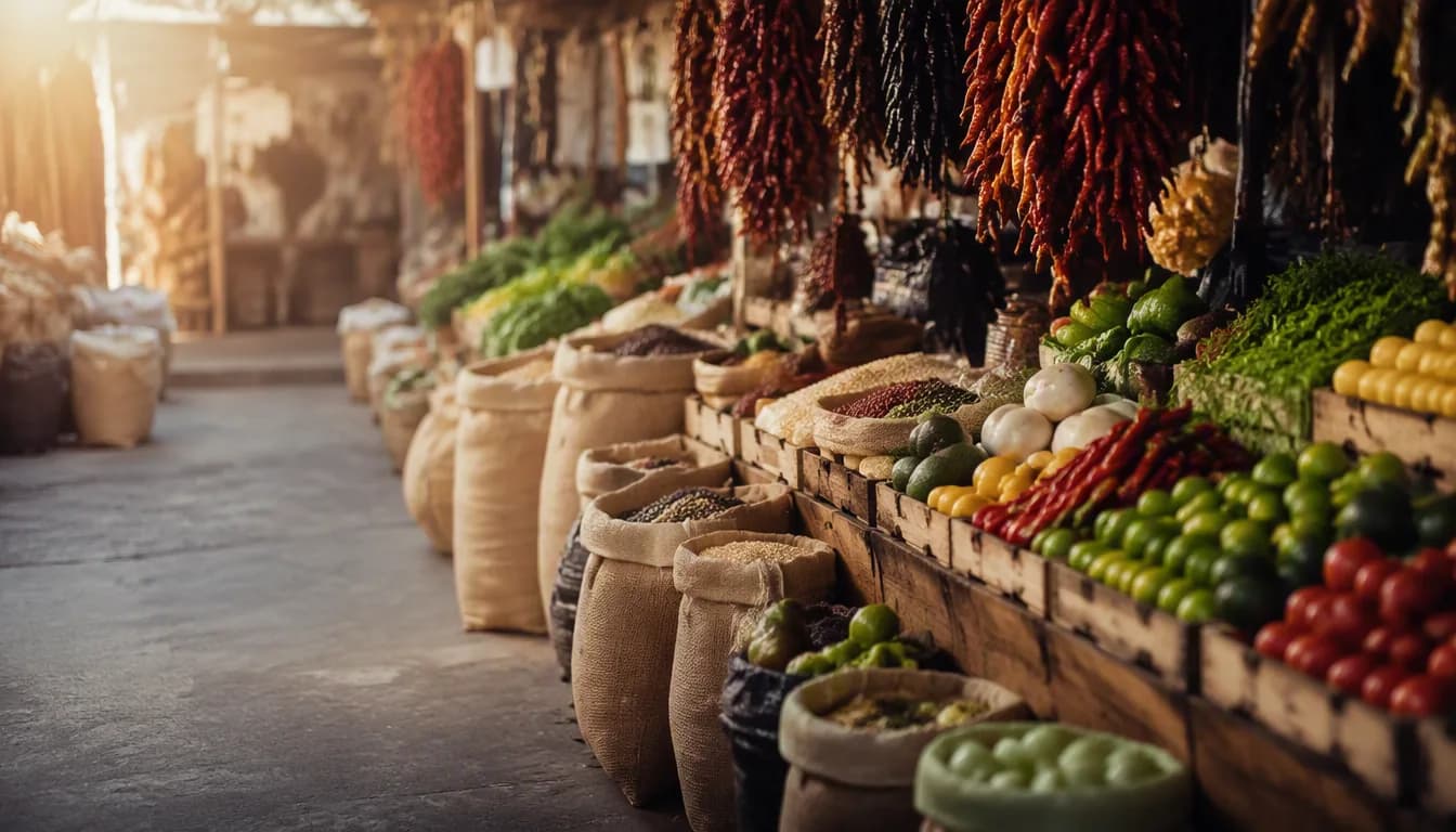 Puesto de mercado con productos frescos de temporada