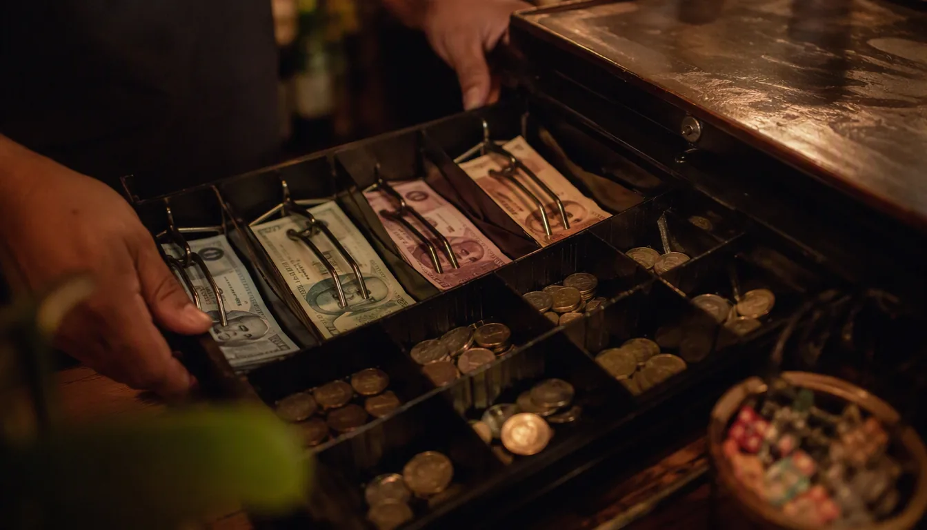 Cajero de restaurante contando billetes durante el corte de caja del cierre del día