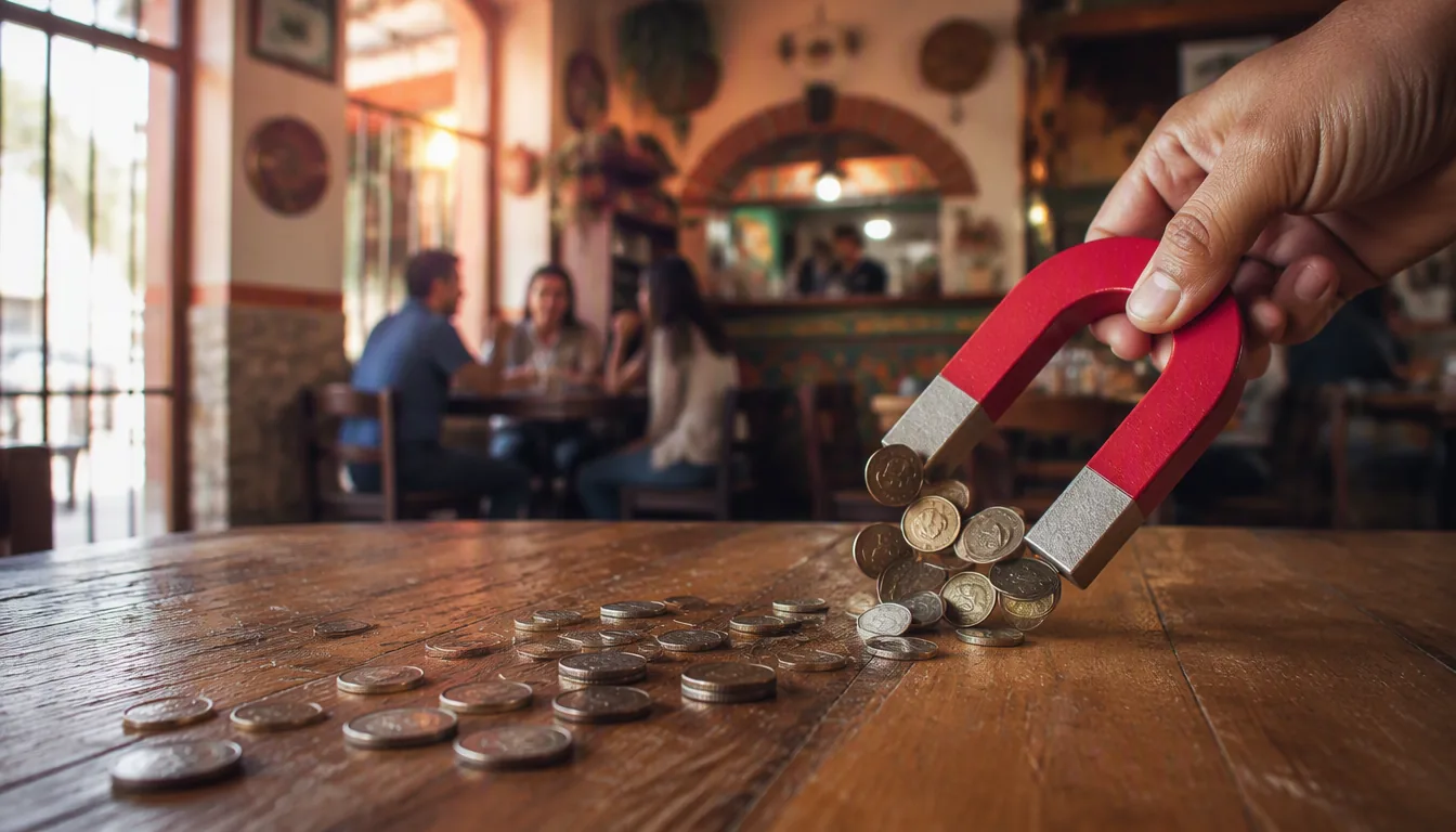 Calculadora y gráficas sobre libreta de un restaurante mexicano para medir costo por cliente