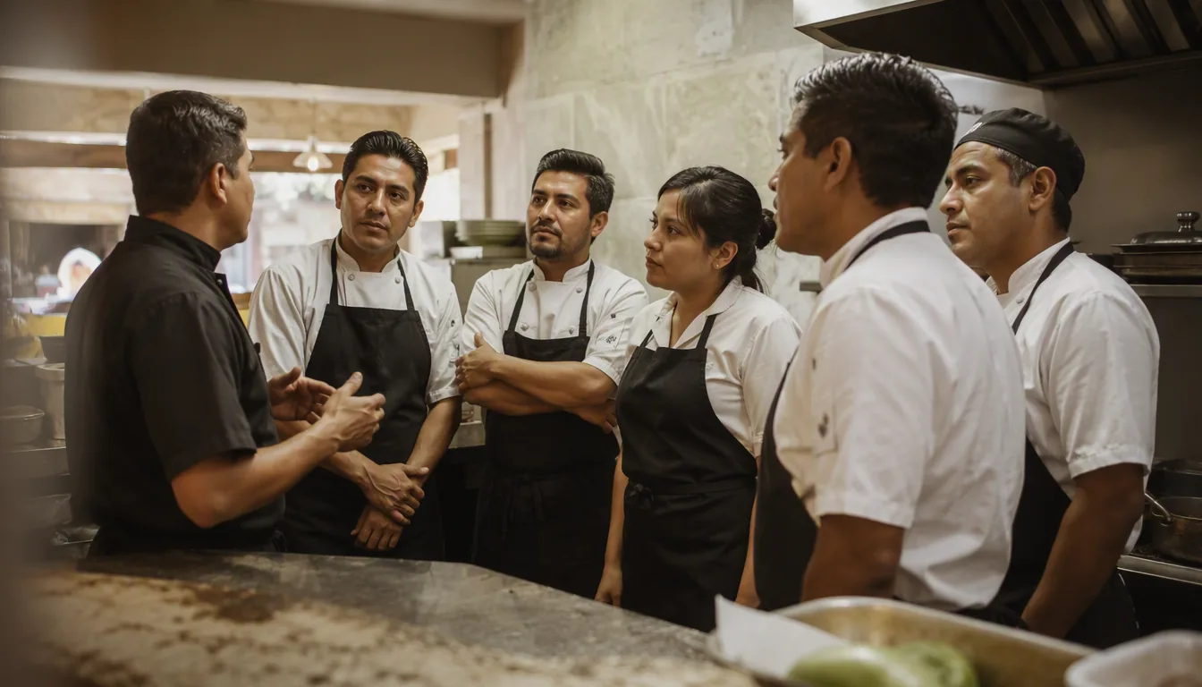 Dueño de restaurante calculando el costo laboral de su equipo con laptop y recibos de nómina