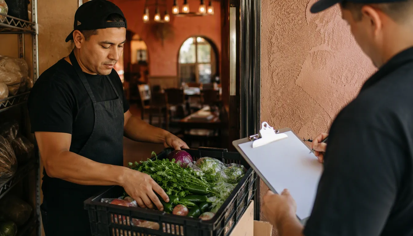 Encargado de restaurante revisando mercancía recibida junto al repartidor del proveedor, anotando en una hoja