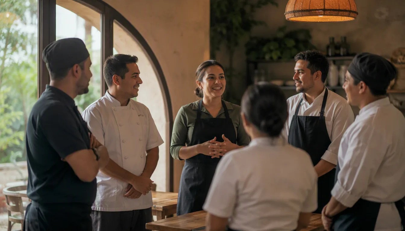 Equipo de cocina y sala de un restaurante mexicano trabajando durante el servicio