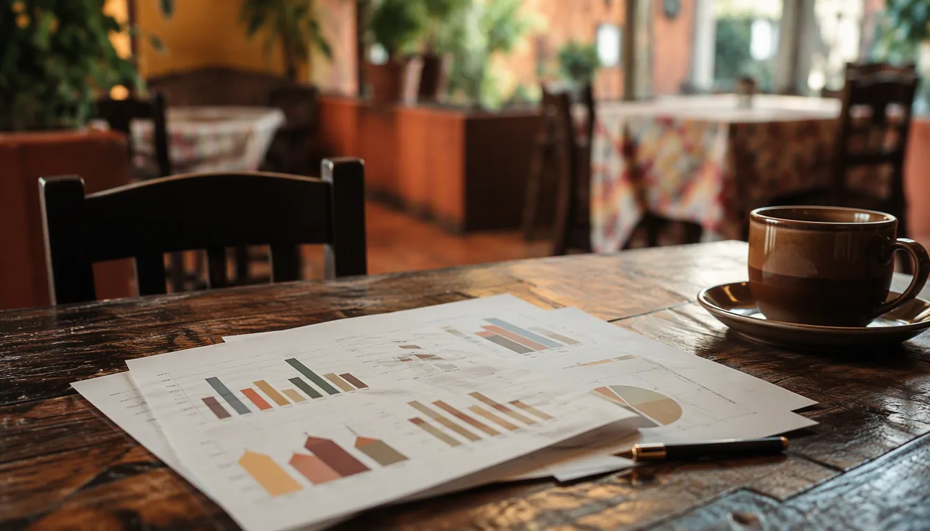 Dueño de restaurante revisando su estado de resultados en una laptop con números de ventas y costos