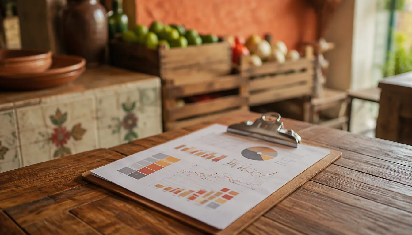 Dueño de restaurante evaluando a sus proveedores con una tabla de KPIs y una libreta de compras