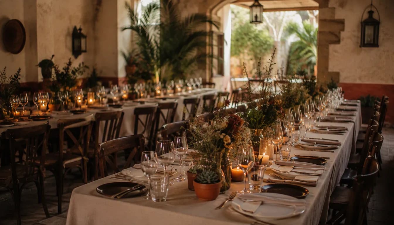 Salón de restaurante mexicano montado con mesas largas para un evento privado familiar