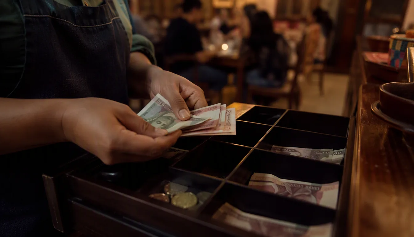 Dueña de restaurante revisando su flujo de efectivo semanal con billetes y una hoja de cálculo