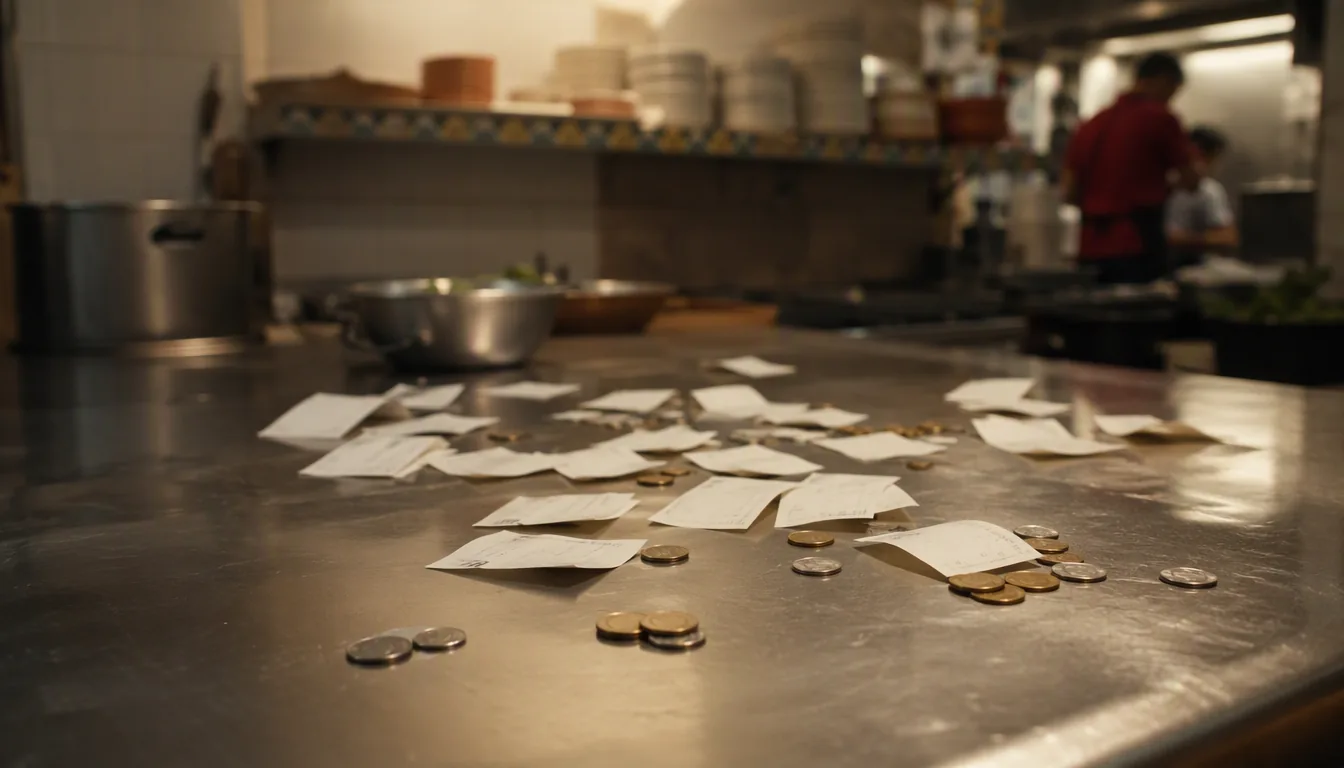 Dueño de restaurante revisando tickets y monedas sobre la barra, simbolizando los gastos hormiga