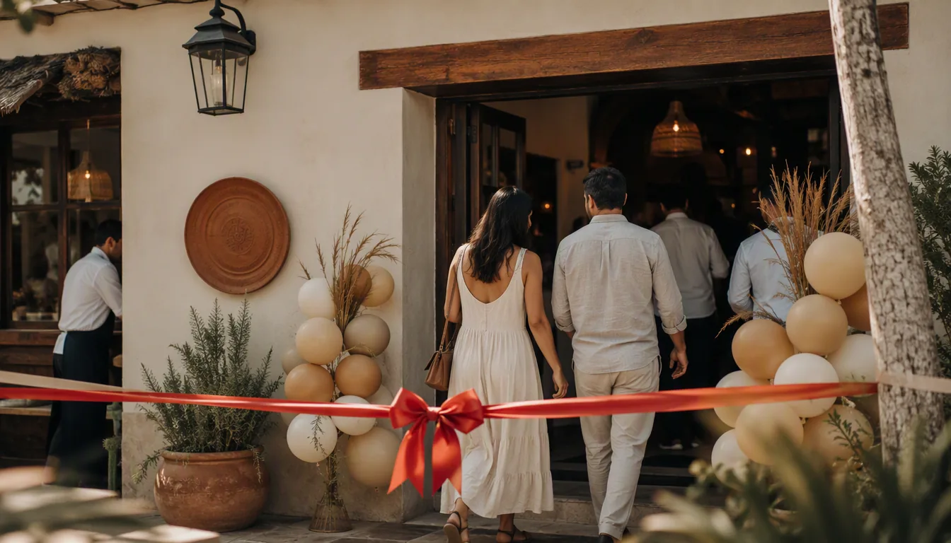 Fachada de restaurante mexicano decorado para su gran inauguración con globos y letrero de abierto