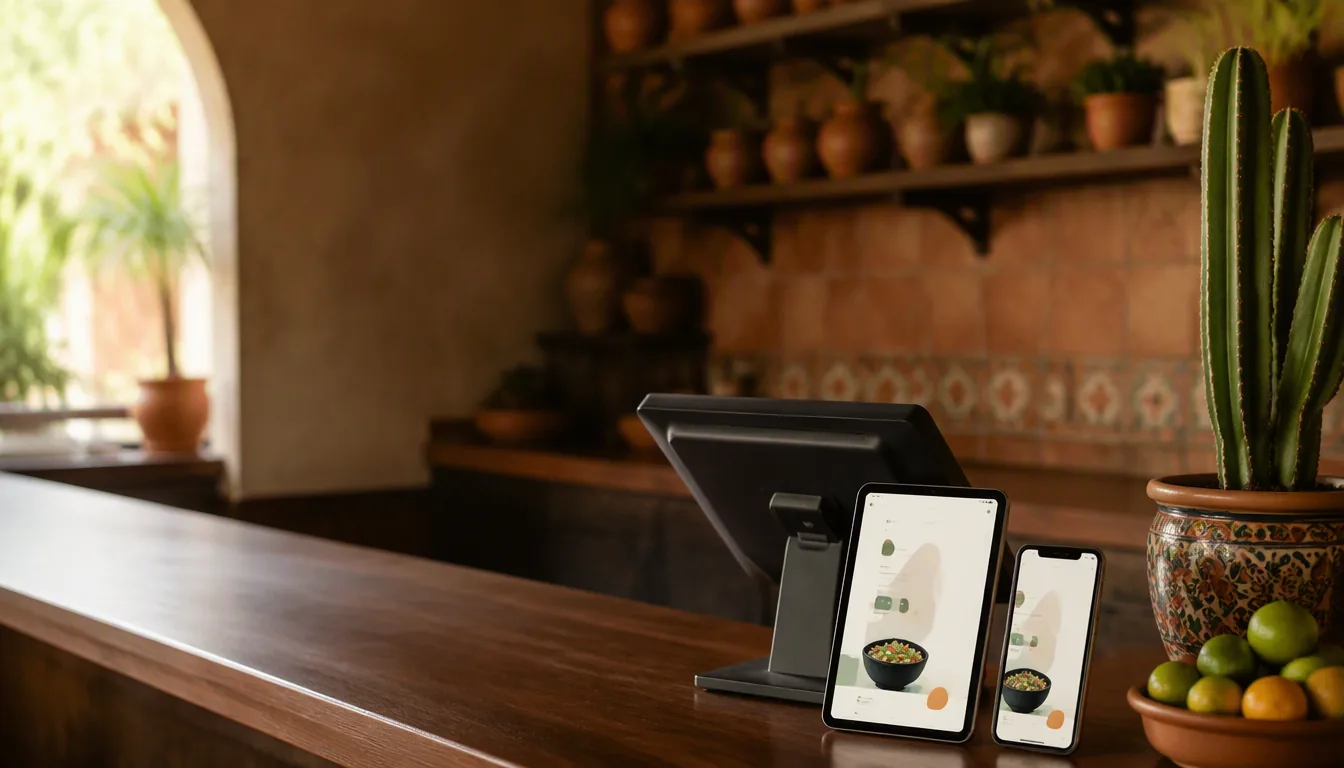 Laptop con café en un escritorio de gestión de restaurante
