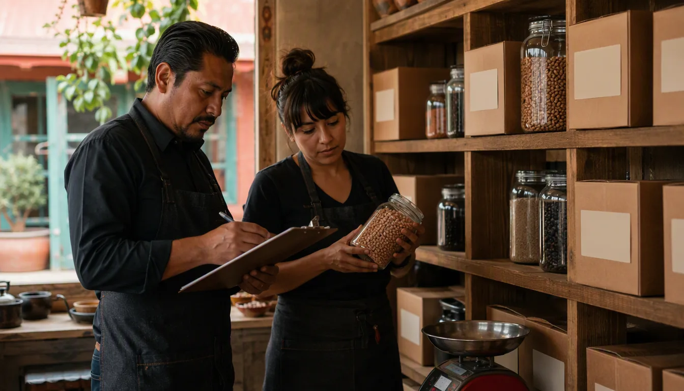 Dos personas contando insumos con báscula y hoja de inventario en la bodega de un restaurante
