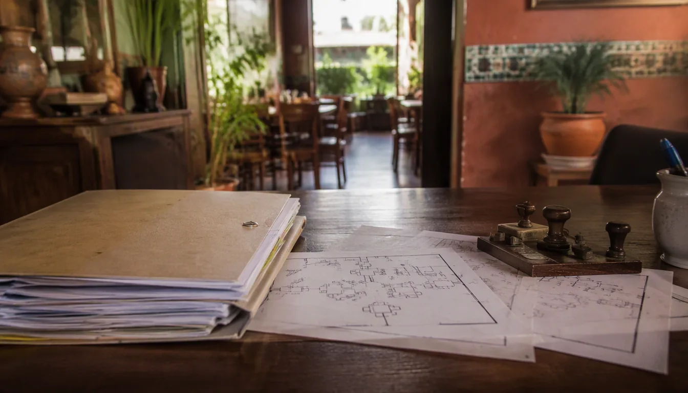 Carpeta con documentos y permisos oficiales sobre la mesa de un restaurante en construcción
