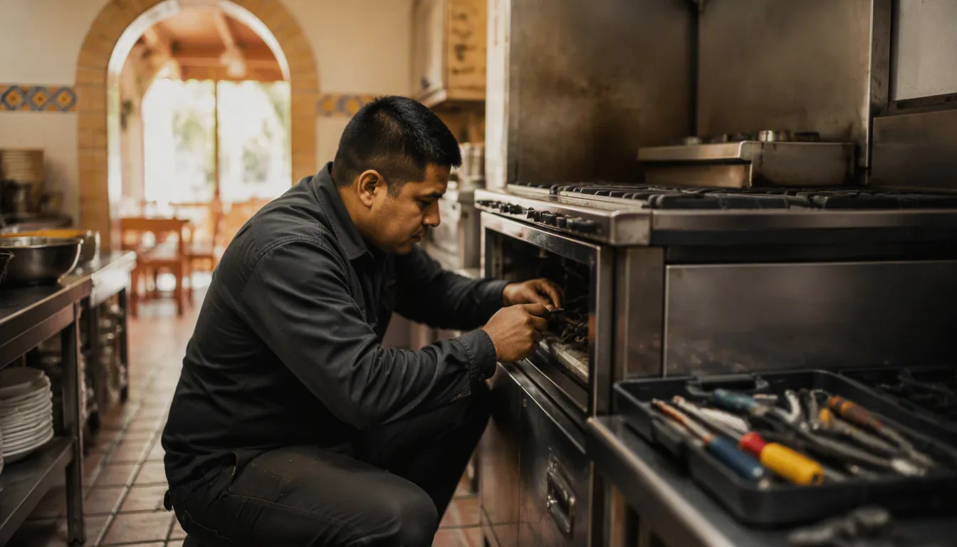 Técnico revisando el condensador de un refrigerador en la cocina de un restaurante