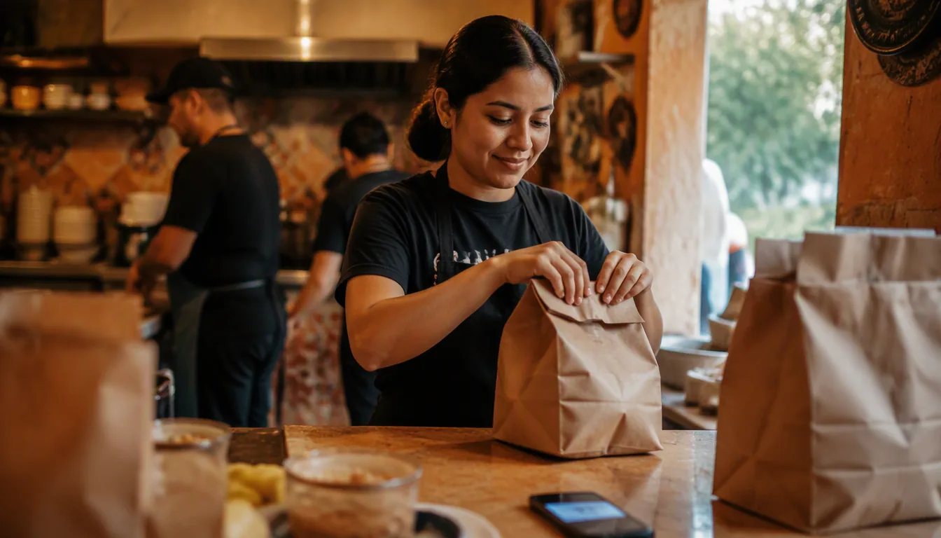Dueño de restaurante revisando pedidos en línea propios en una tablet en el mostrador