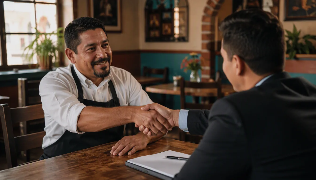 Dueño de restaurante revisando números y documentos de financiamiento sobre una mesa con café
