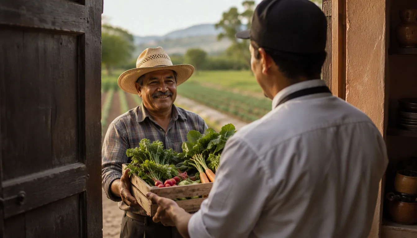Chef de restaurante recibiendo una caja de verduras frescas de un productor local