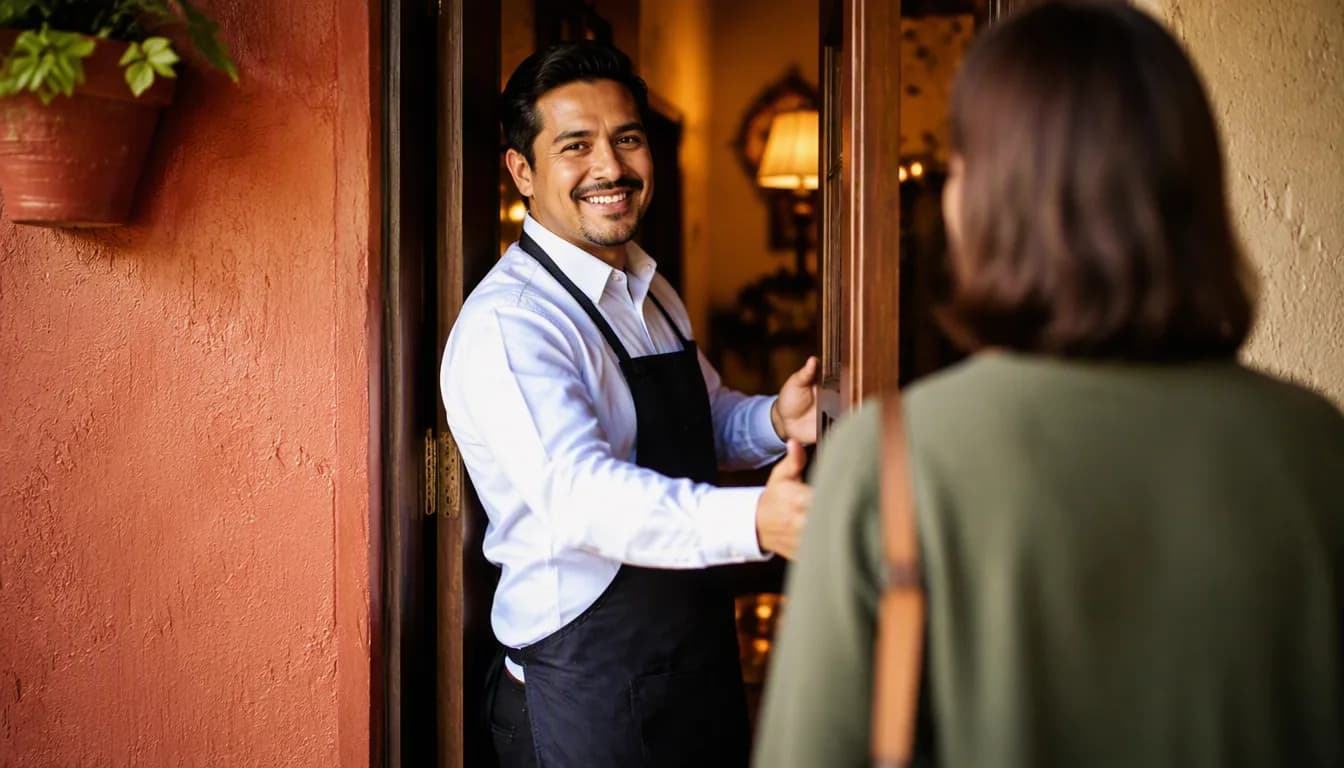 Mesero de restaurante mexicano enviando mensaje de WhatsApp a un cliente que hace tiempo no visita