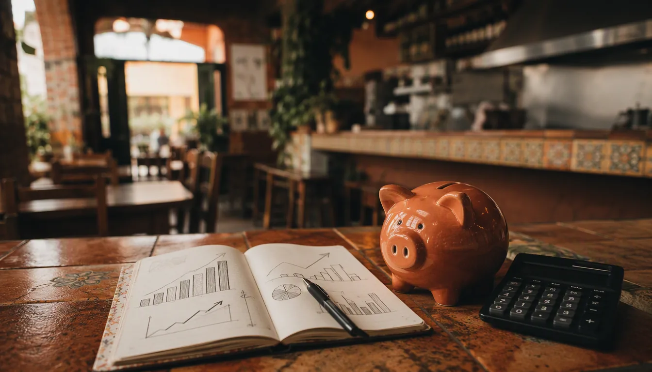 Dueño de restaurante calculando el retorno de su inversión con calculadora y reportes de ventas