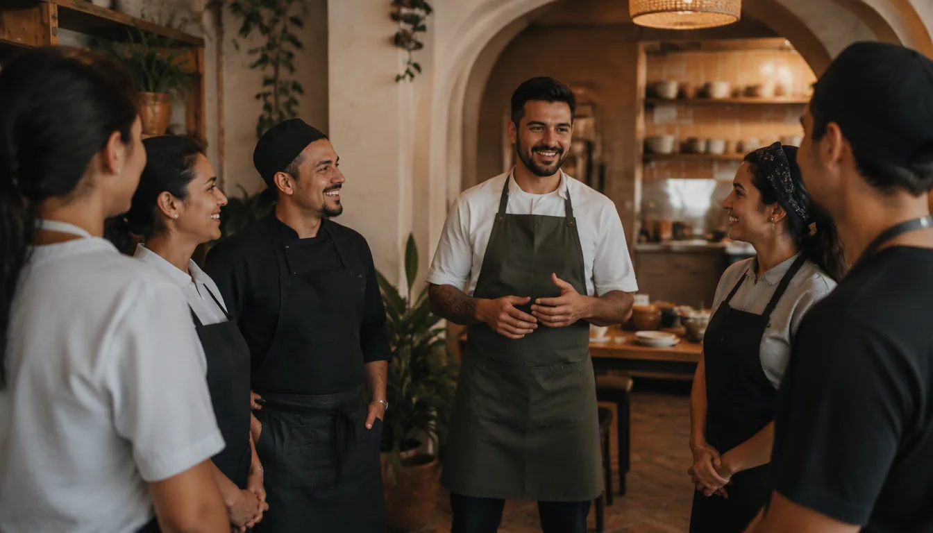 Equipo de cocina y meseros de un restaurante mexicano trabajando en servicio