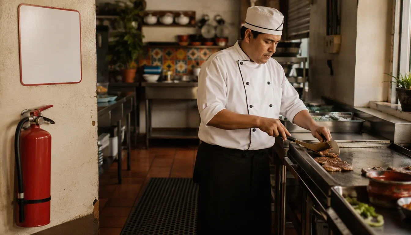 Cocinero con guantes y delantal trabajando con seguridad en la línea caliente de un restaurante