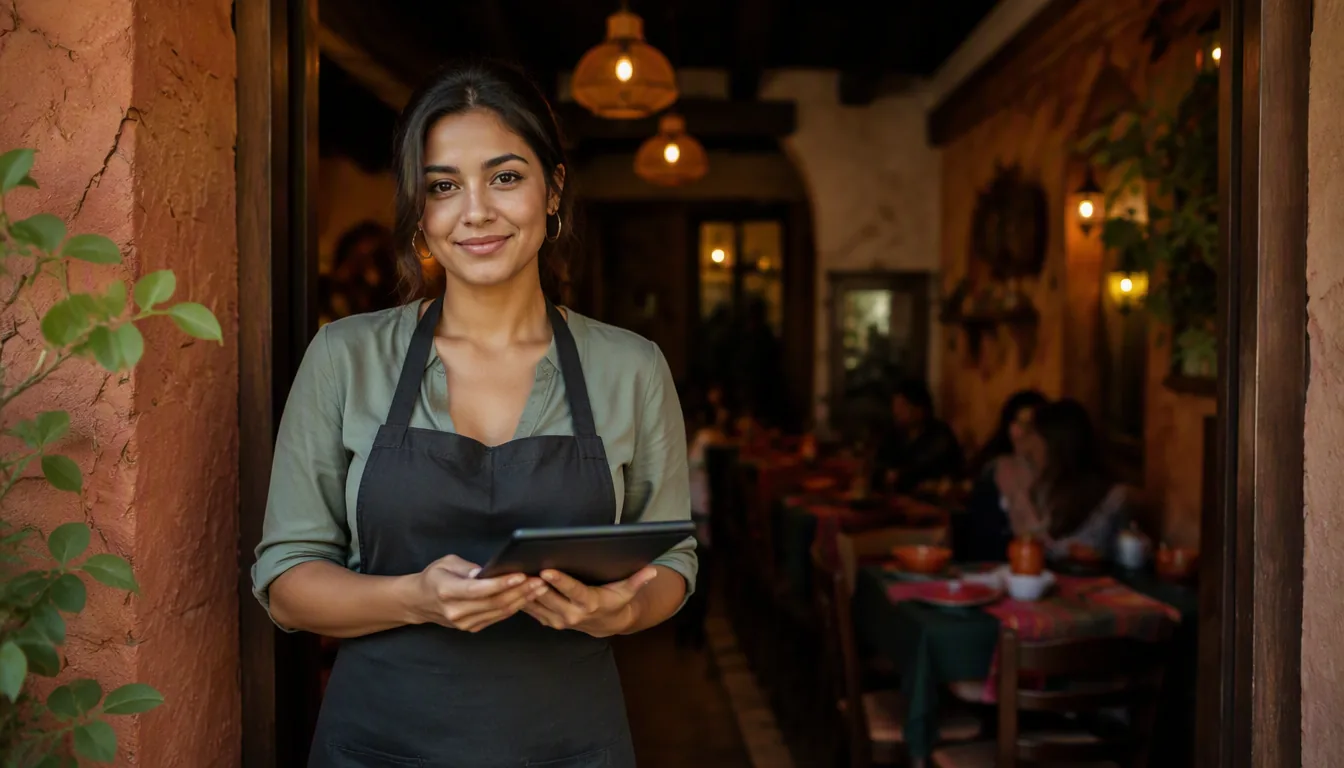 Encargada de restaurante mexicano revisando la agenda de reservaciones del día en una tablet
