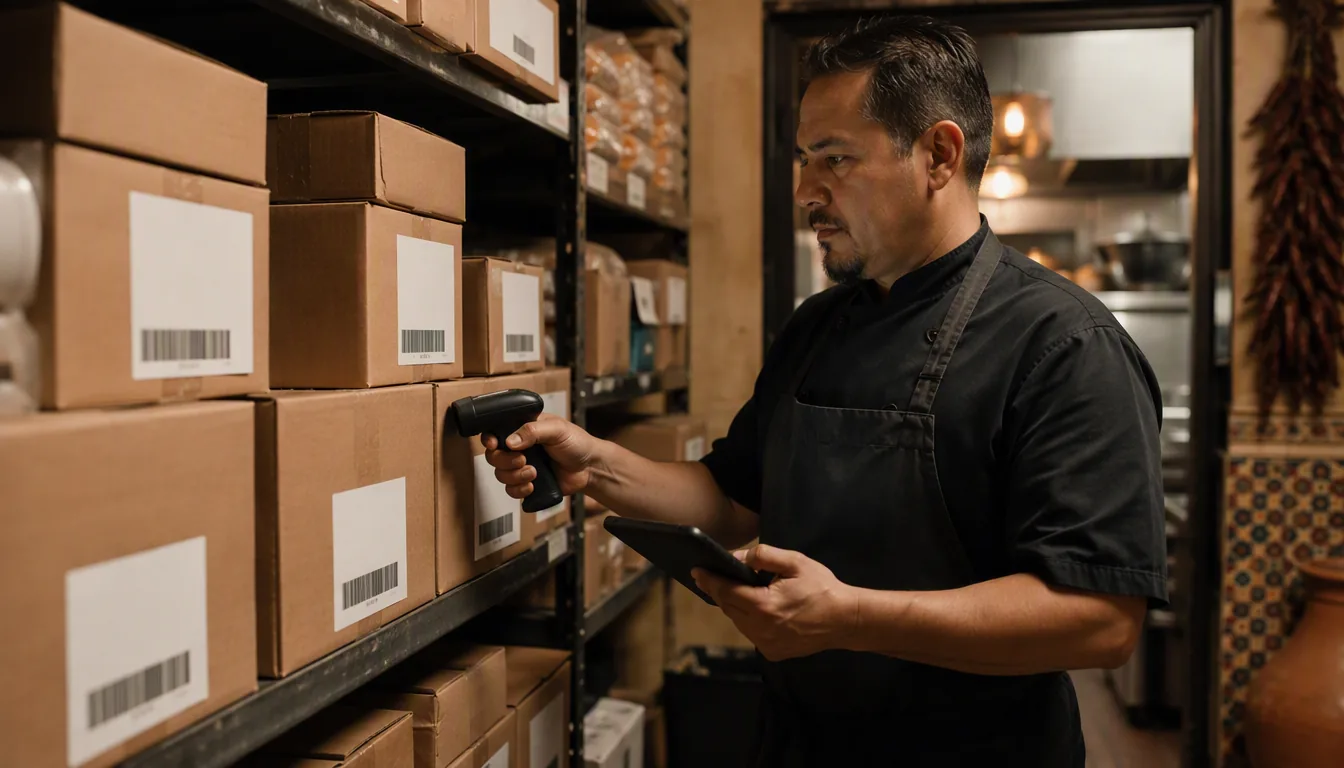 Cocinero de restaurante mexicano etiquetando contenedores de insumos en la cámara fría